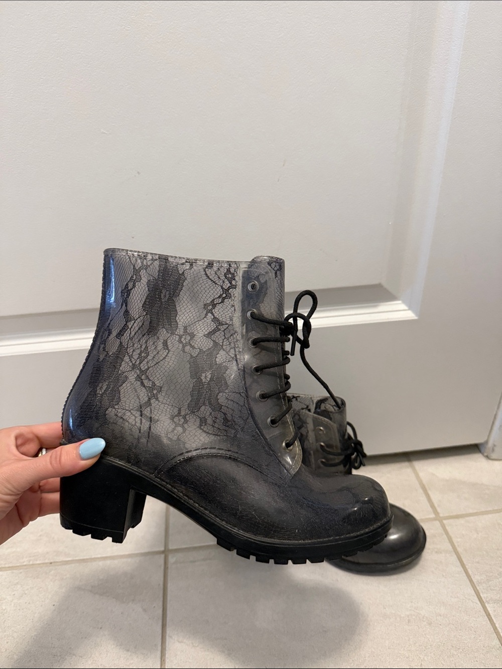 Black Lace-Detail Lace-Up Ankle Boots